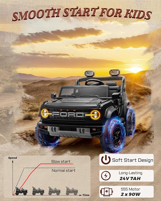 First Ride On 24V Ride on Toys for Big Kids, Licensed Ford Bronco Raptor Electric Car 2 Seater with Remote Control, Kids Ride on Cars w/ 2-Seater, 4.3 Mph Max Speed, Soft Start Function (24V, Black)
