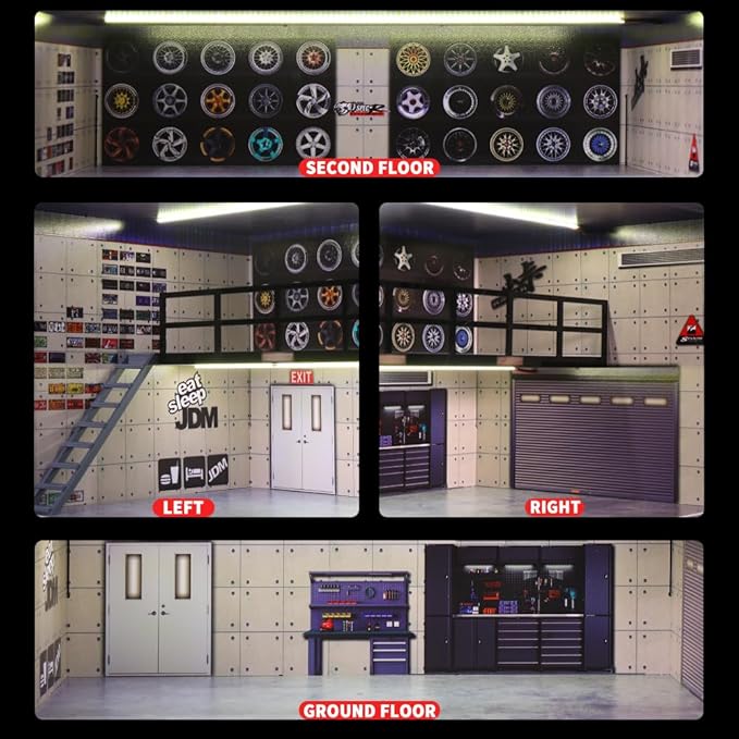 1/24 Scale die-cast Model car Display case with LED Light and Acrylic Cover, Parking lot Scene Diorama Toy Storage Garage Show case for Lego Collectors, Double Layer with 4 Parking Spaces
