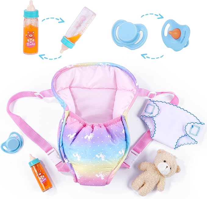 BABESIDE Baby Doll Accessories, Doll Carrier with Magic Bottle, Doll's Diaper, Doll Teddy & Pacifier – Baby Dolls Accessories Set for 12-15 Inch Dolls, Pretend Play Gift for Girls Boys Ages 3+