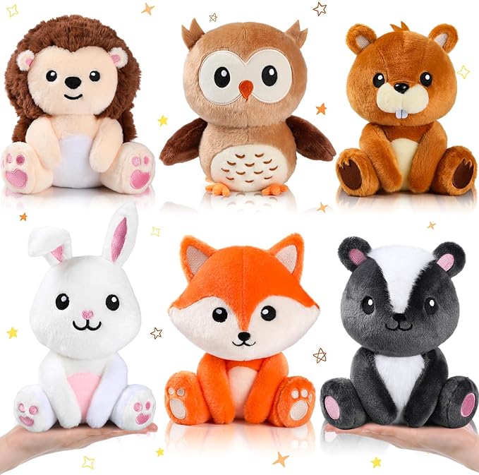 6 Pcs Safari Animals Toys 7 Inch Owl Rabbit Fox Beaver Hedgehog Skunk Large Stuffed Animals Bulk for Woodland Baby Showers Party Decor Birthday Gifts Classroom Teacher Student Awards