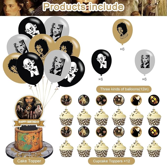 The Lord of the Rings Party Decorations,Fellowship of the Ring Birthday Party Supplies Includes Banner- Cake Topper - 12 Cupcake Toppers - 18 Balloons