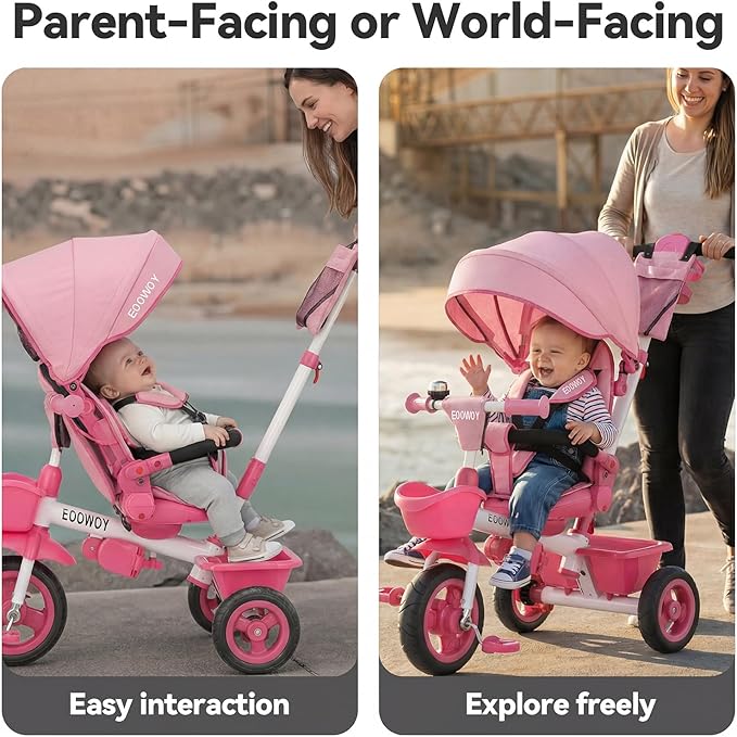 Toddler Tricycle with Push Handle, 7 in 1 Stroller Trike with 360° Swivel Seat, Reclining Backrest, All-Terrain Wheels, Dual Brakes, Canopy & Storage, Gift for Kids 18 Months to 5 Years, Pink
