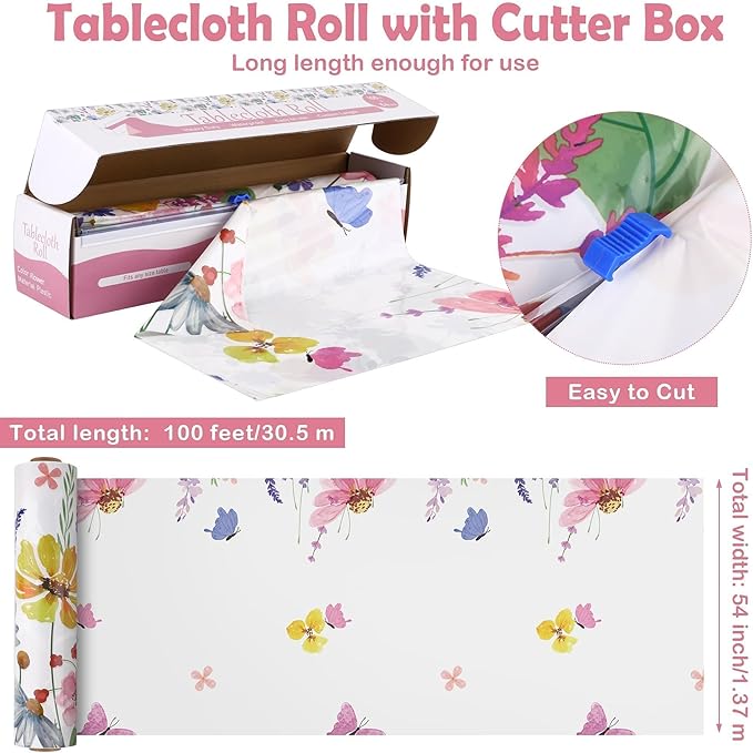 Kochorie Spring Flower Tablecloth Roll with Cutting Box 54 Inch x 100 Feet Butterfly Wildflower Plastic Disposable Tablecloth Picnic Themed Backdrop Tea Party Supplies for Holiday Weeding Birthday