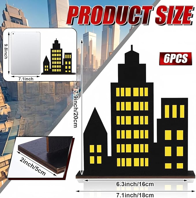 Geelin 6 Pcs Skyscraper Party Decorations Hero Party Decorations New York City Wood NYC Centerpieces City Skyline Building Decor for Comic Birthday Favors Supplies(Solid Style,Black, Yellow)