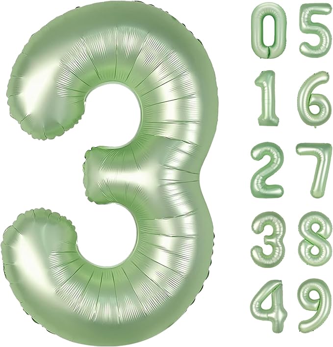 40 Inch Sage Green 3 Large Number Balloon, 3 13 23 30 33 36 Oliver Green Birthday Party Decorations, Number Three Foil Balloons for Anniversary Party Graduations Celebration Supplies