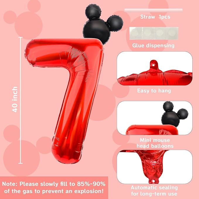 Mouse Number 7 Balloon 40 Inch Red Number 7 Balloon Mini Mouse Head Balloon for 7th Birthday Party, Black Red Large Number 7 Foil Balloon for Baby Shower Anniversary Supplies Decorations