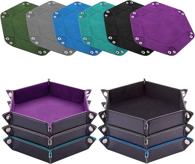 SIQUK 6 Pieces Dice Tray Hexagon Dice Rolling Holder Folding PU Leather Dice Trays for Dice Games Like RPG, DND and Other Table Games(Violet, Black, Cyan, Blue, Gray, Dark Green)