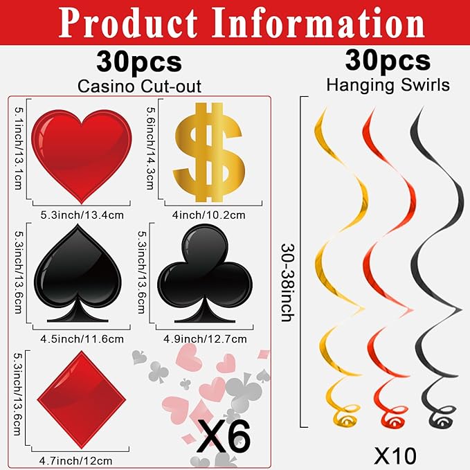 60 Pack Casino Theme Party Decorations Las Vegas Hanging Swirl Red Black Poker Paper Cutouts Party Ceiling for Casino Night Las Vegas Night Baby Shower Birthday Party Supplies Decor Supplies