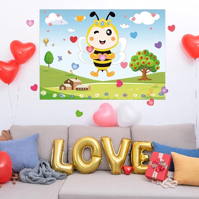 Hooqict Valentines Games for Kids Party Pin The Heart on The Bee Valentines Day Party Games Activities Galentines Day Decorations, Large Pin The Tail Poster with 36 Stickers
