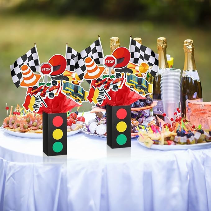 6 Sets Race Car Birthday Party Decorations Race Car Centerpieces for Tables with Traffic Boxes Themed Baby Shower Decoration Cutouts Checkered Flags for Birthday Theme Party Supplies