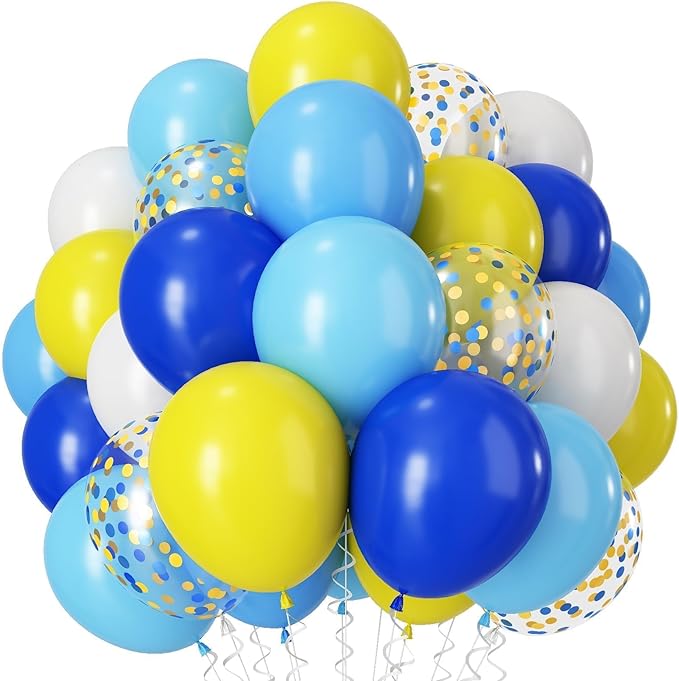 Yellow Blue Balloons, 12Inch Dark Light Blue Yellow and White Latex Balloons with Confetti Helium Balloon for Kids Cartoon Birthday Baby Shower Graduation Ocean Sky Theme Party Decorations