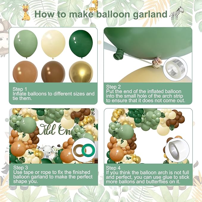 142pcs Jungle Safari Wild One Balloon Arch Kit, Sage Green and Brown Balloon Garland with Palm Leaves for Woodland Tropical Shower Birthday Jungle Party Decoration
