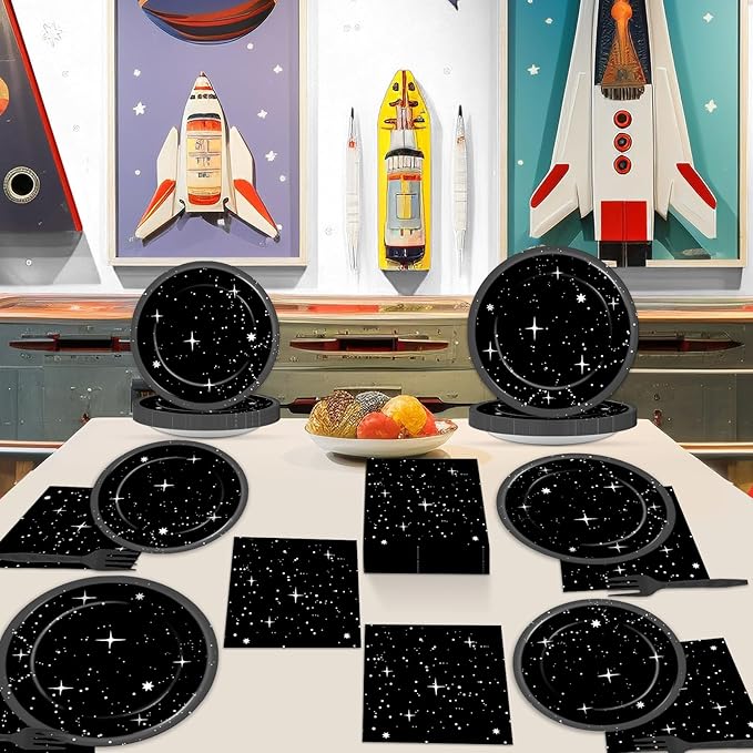 Qyeahkj 100Pcs Stars Birthday Party Decorations Galaxy Plates and Napkins Space Theme Paper Plate Supplies for Outer Spaces Disposable Tableware Set Baby Shower Night Sky Decor for 25 Guests