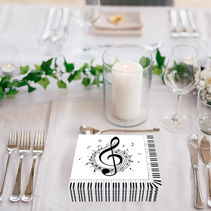 100Pcs Music Note Napkins Notes Party Supplies Disposable Musical Cocktail Luncheon Dinner Napkin for Themed Karaoke Birthday Decorations, Black & White