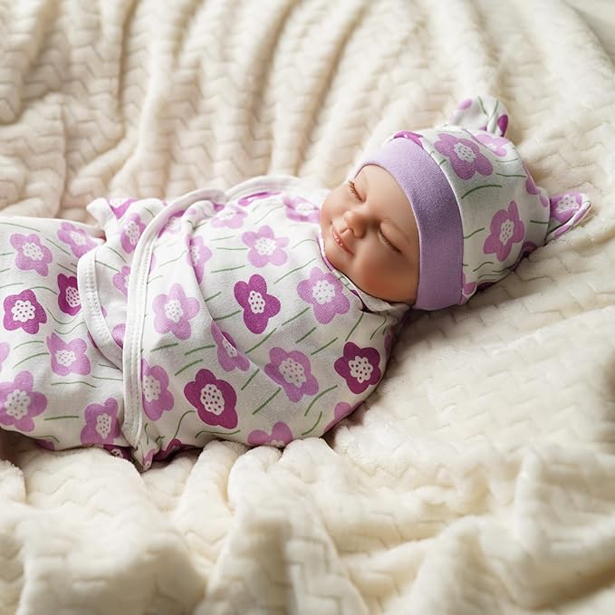 BABESIDE 2 Sets of Reborn Baby Doll Blankets with Hats for 17-24 Inch Babydolls, Reborn Baby Doll Accessories Set Babydolls Swaddle Blankets for Realistic Dolls Girl, Pink & Purple