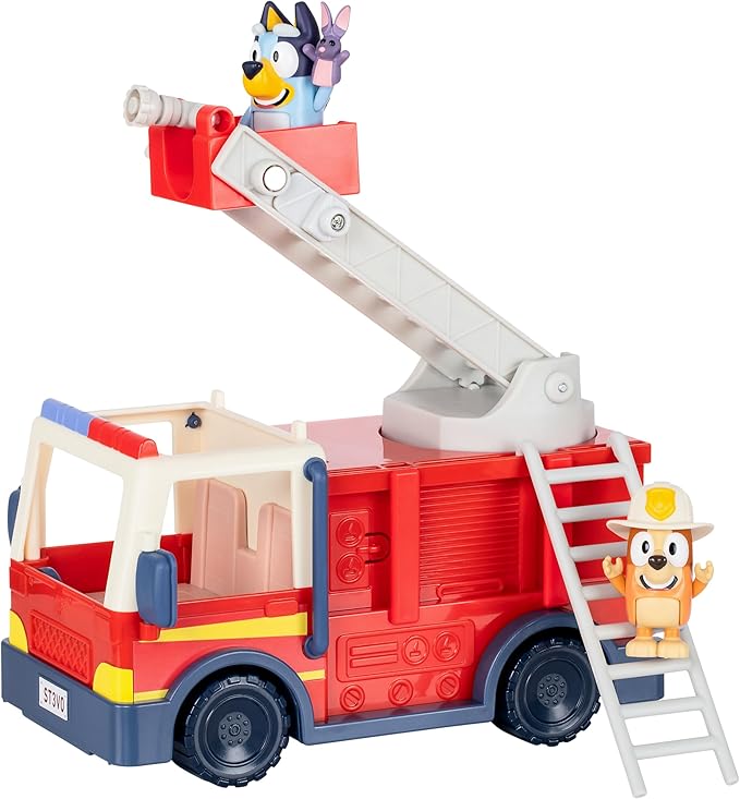 Bluey Firetruck Toy Playset with Firefighter Bingo, Bluey & Bob Bilby, Toddler Fire Truck w/ Spinning Ladder, Water Hoses for Kids Ages 3+