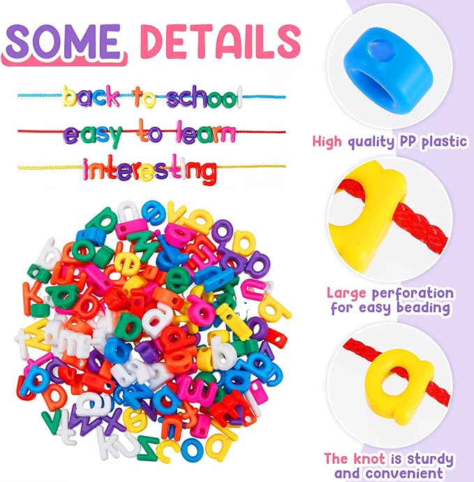 Wesiti Lacing Letters Beads Alphabet Learning Toys Toddler ABC Alphabet Beads Lacing Sports Skills Toys for Preschool Games Homeschool Supplies Early Spelling(Lowercase Letters,204 Pcs)