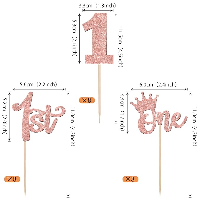 24 PCS One Cupcake Toppers Glitter 1st Birthday Cupcake Picks First Birthday Crown Wild One Cupcake Decoration for Baby Shower 1st Birthday Boho Theme Party Cake Decorations Supplies Rose Gold
