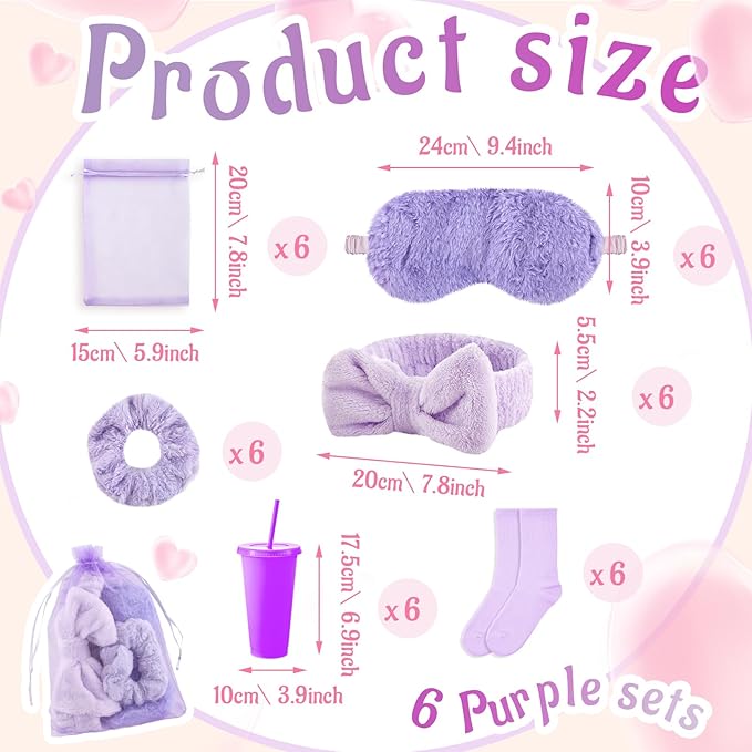 48 Pcs Sleepover Party Supplies Spa Birthday Slumber Pajamas Galentines Party Favors Coquette Throw Blanket Pillow Headband Scrunchies Eye Mask Cup Socks(Purple,Solid Color)