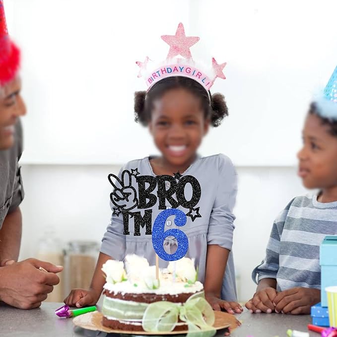 1 PCS Brother I'm 6 Cake Topper Glitter Star Happy 6th Birthday Cake Pick Bro I'm 6 Cake Decoration It's My 6th Birthday Decorations for Boys Cheers to 6 Years Old Birthday Party Supplies Blue