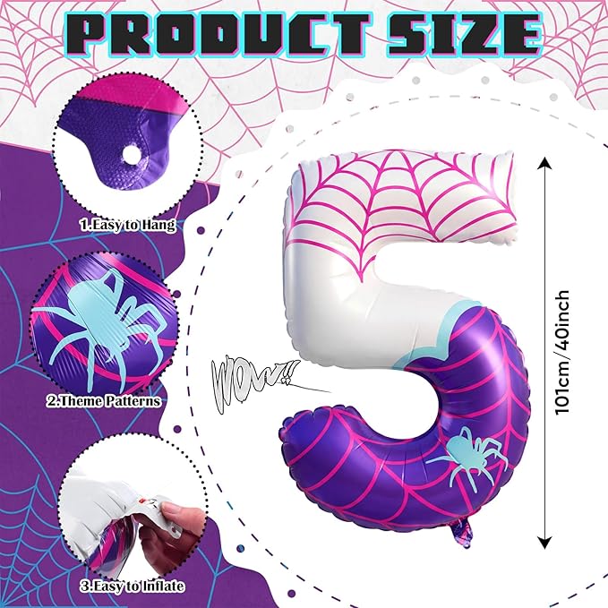 Spider Number 5 Balloons 40 Inch Purple Spider Theme Birthday Party Decorations Large Foil Balloons for 5th Birthday Party Backdrop Anniversary Celebration Supplies