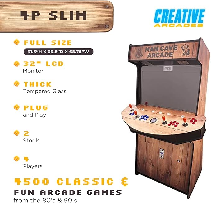 Creative Arcades Full-Size Commercial Grade Cabinet Arcade Machines | Stools Included | Slim Woodgrain Edition | 32" Screen (4500 Games (4-Player), Light Pine Man Cave)