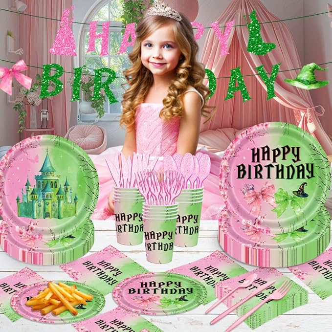 142pcs Pink and Green Witch Party Decorations Tableware, Witch Table Centerpieces Party Supplies, Tableware Set Paper Cups for Girls Birthday Party Decorations Severs 20 Guests