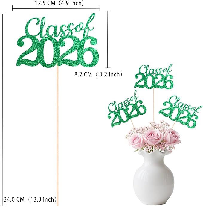 Green Class of 2026 Double-sided Graduation Table Centerpieces, 12 Pcs Grad Party Decorations with Sticks, Graduation 2026 Party Supplies for Table Decor