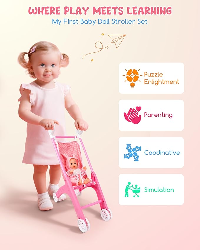 Baby Doll Stroller Set with 2 Doll Outfits, Toy Baby Stroller for Dolls with Diaper, Bib & Mini Bag, Imaginative Role-Play Gift for Toddlers 2+