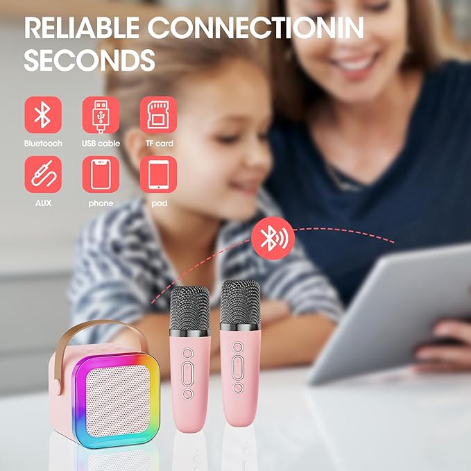 Mini Karaoke Machine for Kids & Girls with 2 Wireless Microphones, Portable Bluetooth Speaker, Christmas Birthday Gift Toy for Boys Toddlers Ages 3, 4, 5, 6, 7, 8, 9, 10, 11, 12+ Years Old (Pink - 2)