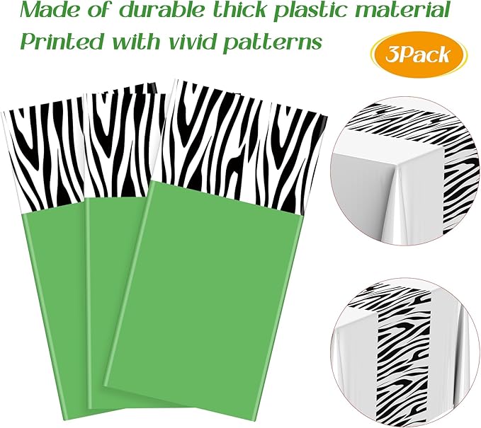 Buryeah 3 Pcs Zebra Tablecloth Zebra Print Plastic Table Cloth Disposable Tablecloth Animal Safari Table Cover 54 x 108'' for Baby Shower Wedding Birthday Party Decorations Supplies (Green)