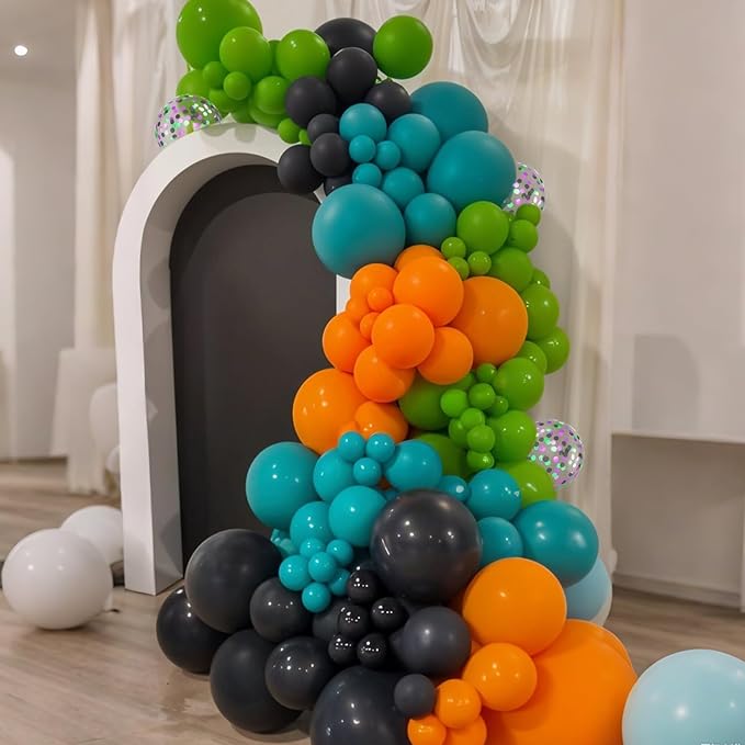 Green Orange Black Balloons, 12 Inch Fruit Green Orange Teal Black Confetti Latex Balloons for Boys Party Baby Shower Birthday Party Decorations