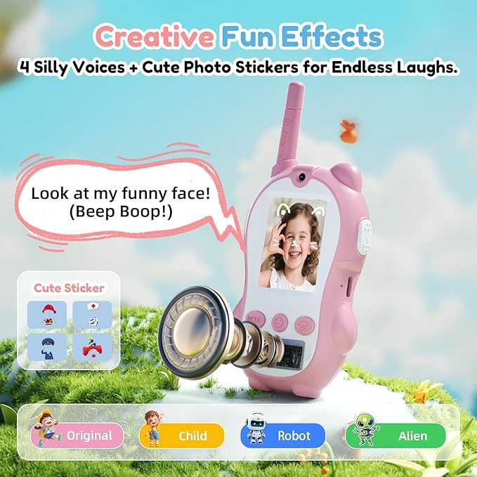 Video Walkie Talkies for Kids, 2 Pack Rechargeable Video Call Toys with 2'' Screen, Long Range 2-Way Radios, Voice Changer & Sticker Effects, Indoor, Outdoor Camping Gift for Boys Girls Age 3-12