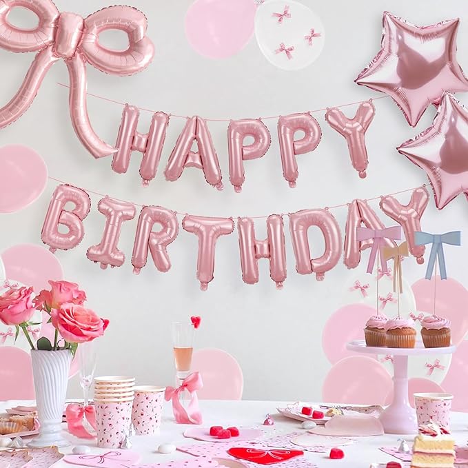 Bow Party Decorations Pink Happy Birthday Balloons Banner Pink Birthday Decorations Bow Balloons for Women Girls Birthday Decor Party Supplies