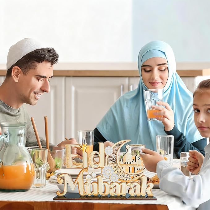 Eid Mubarak Decorations Wooden Table Centerpiece 11.8 x 6.8 Inches Islamic Eid Decorations for Home Gold Ramadan Tabletop Tiered Tray Decor for Eid al-Fitr and Eid al-Adha Party Supplies