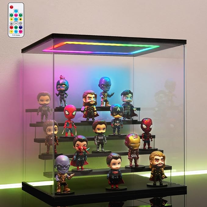 Clear Acrylic Display Case with Light , 6 Tier Multiple Color Lights Display Box Stand Assembly Dustproof Protection Showcase for Collectibles Action Figures (Black 6 Tier S 15.8*12.6*16.5in)