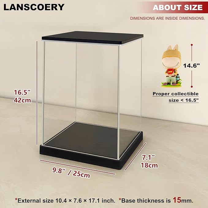 LANSCOERY Acrylic Display Case with Adjustable Yellow/White/Warm LED Light, UV Protection Clear Display Box, Dustproof Showcase for Action Figures, Models, Collectibles - 9.8x7.1x16.5inch