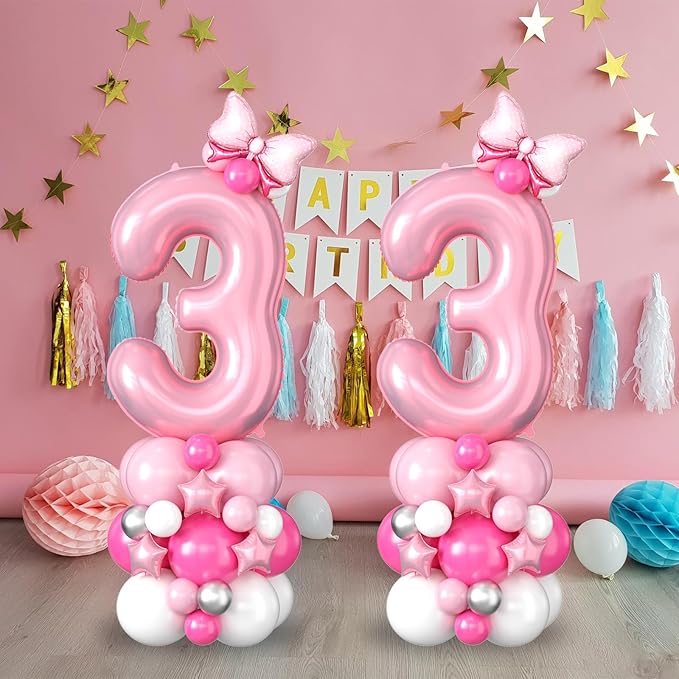 40 Inch Pink Number 3 Balloon for 3rd Birthday Decoration Pastel Baby Pink Number Three Foil Balloon Tower Giant Large Digit Hot Pink White Helium Balloons Stack for Girl Third Anniversary Party