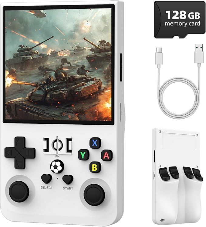 R36MAX Retro Handheld Game Console, 4.0 Inch IPS Screen Retro Gaming Console,Linux System, 4000mAh Battery Portable Pocket Mini Arcade, Built-in 128G,Pearl White