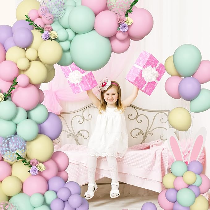 Amandir 153pcs Pastel Balloons Garland Arch Kit, Different Sizes 18 12 10 5inch Pastel Pink Yellow Green Purple Confetti Easter Balloons for Bunny Hunt Spring Baby Shower Birthday Party Decorations