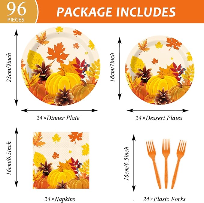 gisgfim 96 Pcs Thanksgiving Fall Plates and Napkins Party Supplies Autumn Leaves Tableware Set Thanksgiving Pumpkin Maple Party Decorations Favors for Fall Theme Birthday Serves 24