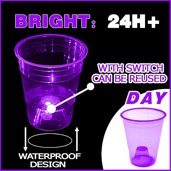 mishunyus 24 Pack Party Cups, Purple Glow Colored Plastic Cups, 16-Ounce Plastic Party Cups, Strong and Sturdy for Party Supplies