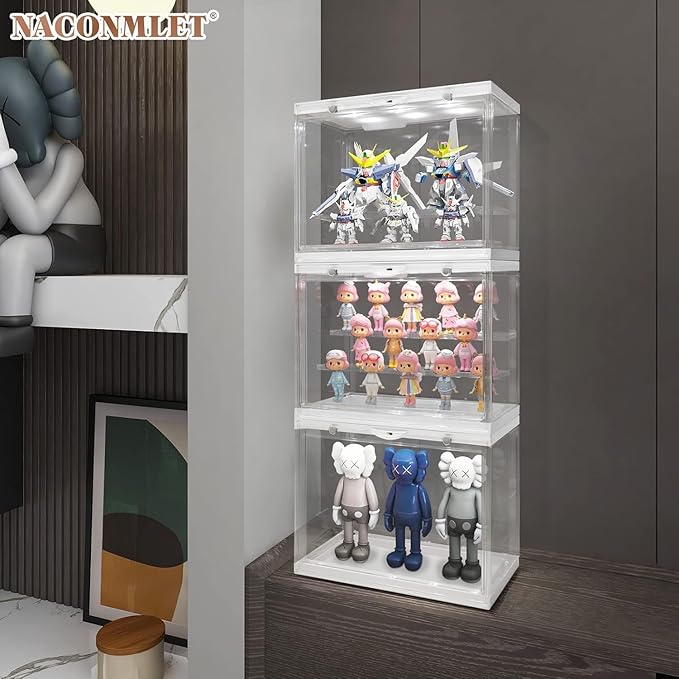 LED Acrylic Display Case 2Pack, Funko Pop & Collectibles -Dustproof Stackable Showcase with Adjustable Shelves & Magnetic Door - Ideal for Mini Figures, Toys & Jewelry Display