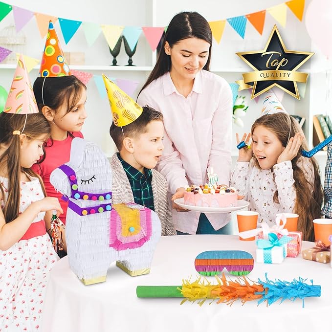 Llama Pinatas Bundle with a Blindfold and a Bat (17 x 14 x 4 Inches), Perfect for kid's Birthday Parties, Mexican Theme Parties, Decorations