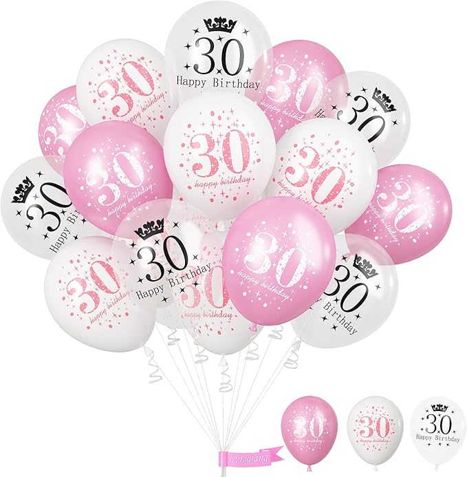 Pink 30th Birthday Decorations for Women, Pack of 15 Happy 30th Birthday Balloons Pink White Transparent Latex Balloons Decor for Age 30 Year Old Lady Birthday Celebration Party Decorations Supplies