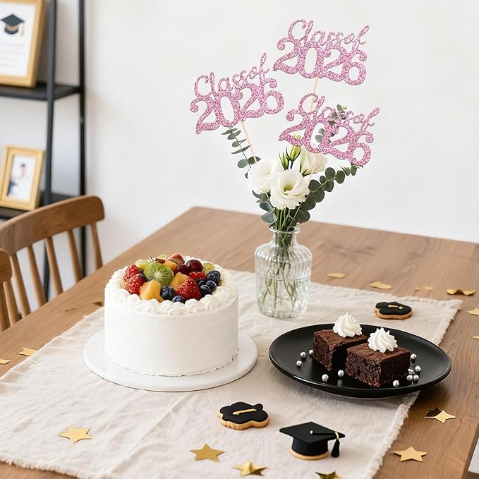 Pink Class of 2026 Double-sided Graduation Table Centerpieces, 12 Pcs Grad Party Decorations with Sticks, Graduation 2026 Party Supplies for Table Decor