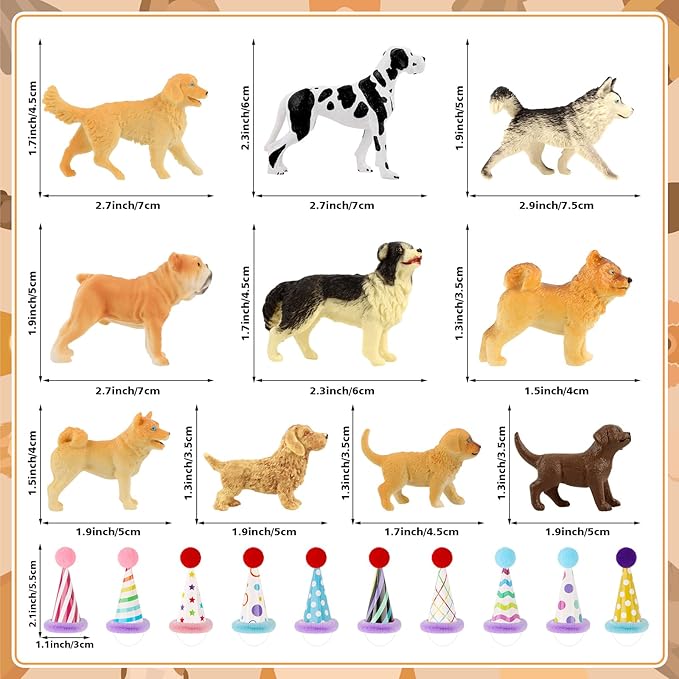 Hooqict 20Pcs Dog Cake Topper Animals Figures with Mini Party Hats Dog Birthday Cake Decorations Cupcake Toppers for Puppy Themed Birthday Party Decorations