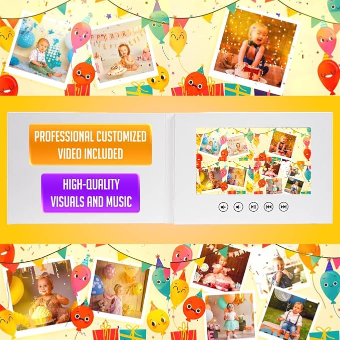 Custom Baby Birthday Video Greeting Card – Personalized Photo Slideshow – Delightful Keepsake for Young Kids – 7-Inch HD Screen, 4GB Storage, Rechargeable Battery, Easy USB Charging