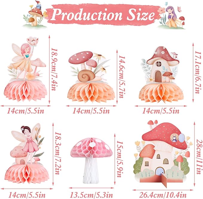 SUNBEAUTY 12 PCS Fairy First Birthday Decoration Fairy Centerpieces for Tables Mushroom Honeycomb Centerpieces Butterfly Flowers Birthday Party Decorations for Spring Garden Baby Shower