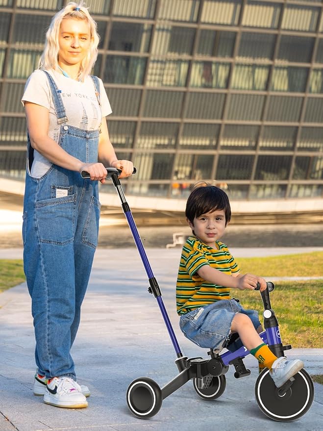 XJD Toddler Bike, 6 in 1 Folding Toddler Tricycle for 1-4 Year Old with Parental Control Handle, Balance Bike with Removable Pedal, Backrest, Adjustable Seat Height, First Birthday Gifts (Blue)